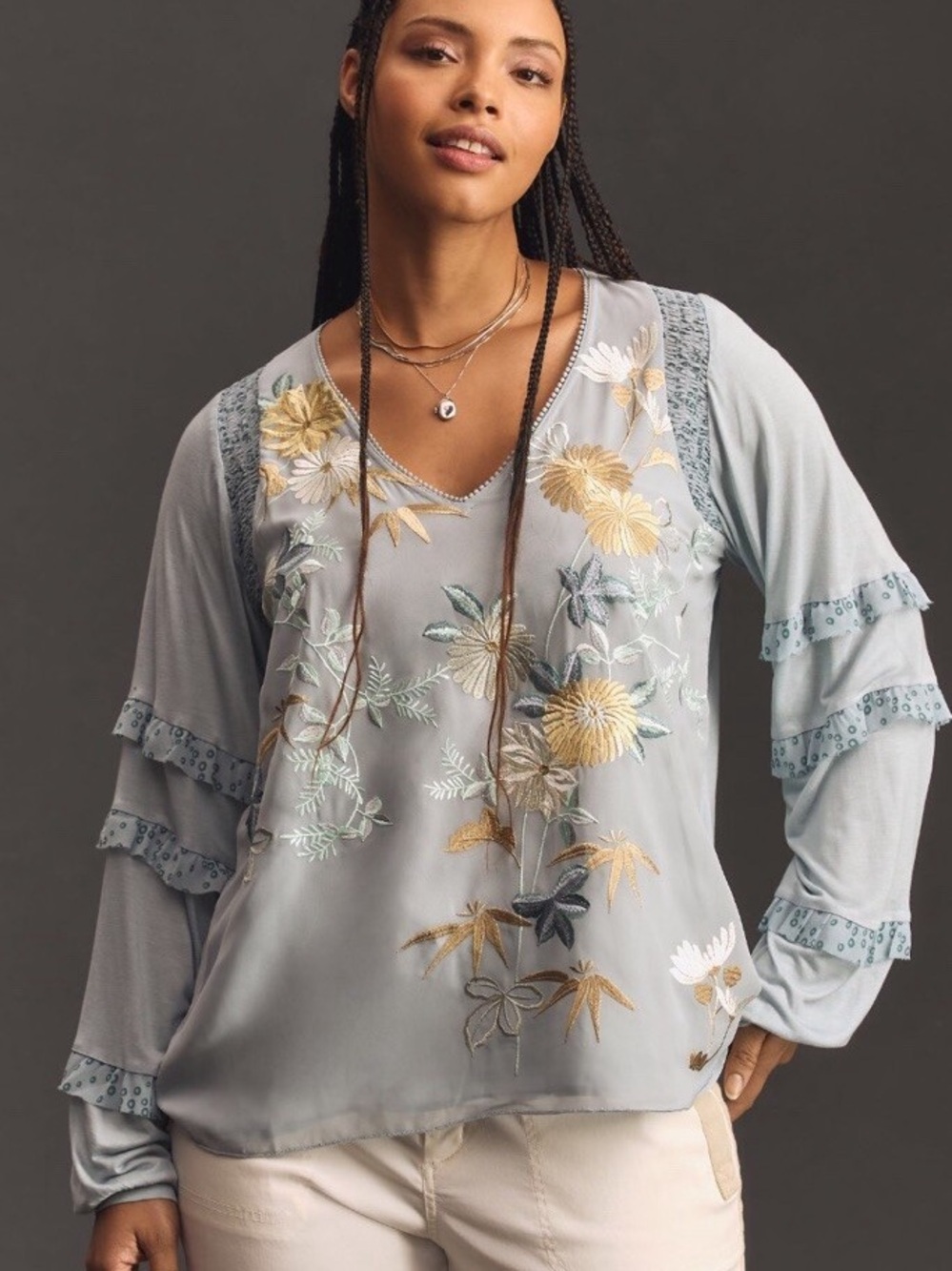 Anthropologie Tiny Frances Light Blue Floral Embroidered Ruffle Sleeve Top M